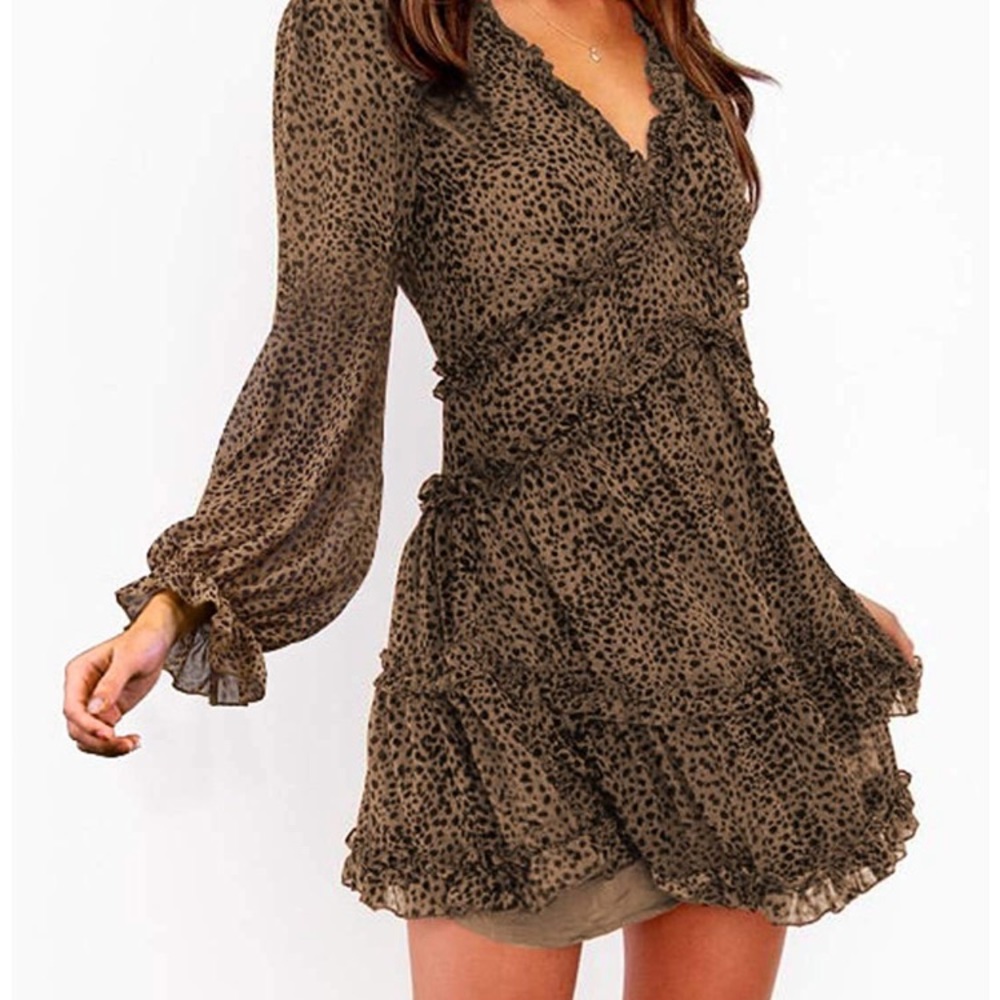 BRAND NEW long sleeve ruffled cheetah swing dress